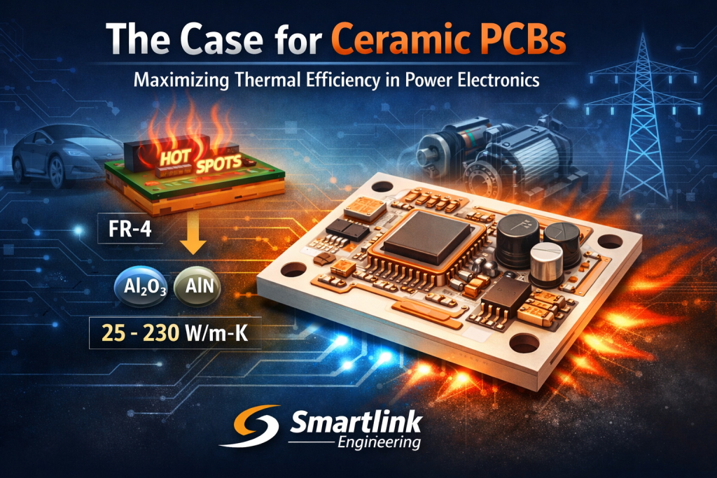 Discover how ceramic PCBs maximize thermal efficiency in compact power electronics. Learn why Smartlink Engineering’s expertise ensures reliable, high-performance solutions for EVs, industrial drives, and high-power applications